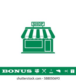 Shop icon flat. Green pictogram on white background. Vector illustration symbol and bonus button