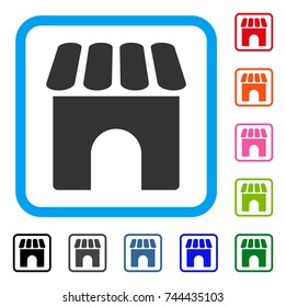 Shop icon. Flat grey iconic symbol in a blue rounded square. Black, gray, green, blue, red, orange color additional versions of Shop vector. Designed for web and app UI.