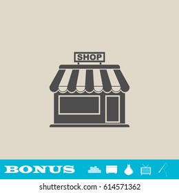 Shop icon flat. Grey pictogram on light background. Vector illustration symbol and bonus button real estate, ottoman, vase, tv, fishing rod