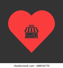 Shop icon flat. Simple pictogram on heart background. Vector illustration symbol