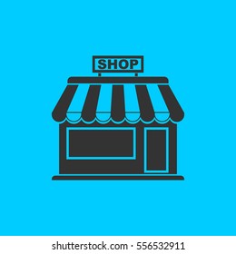 Shop icon flat. Simple vector black pictogram on blue background