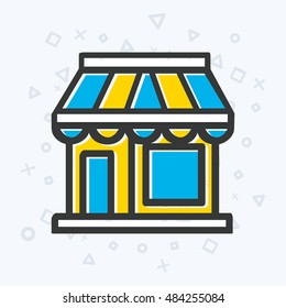 Shop icon in flat style. Logo for store, kiosk, booth, stand, newsstand, market, supermarket. Colored sign for website, mobile app, design project. Vector illustration.