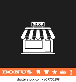Shop icon flat. White pictogram on black background. Vector illustration symbol and bonus button tooth, vase, star, mirror, bottle