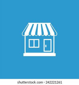 shop icon, isolated, white on the blue background. Exclusive Symbols 