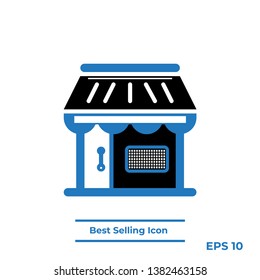 Shop icon on the white background. Store picture, Vector blue and black sign symbol