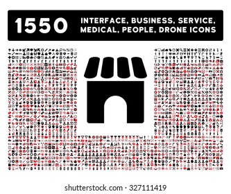 Shop icon and other web interface, business, tools, people, medical service and awards vector symbols. Style is bicolor flat symbols, intensive red and black colors, rounded angles, white background.