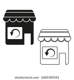 Esquema del icono de la tienda. Símbolo de flecha circular. Cifra de la tienda minorista. Emblema del comercio de Vector. EPS 10.