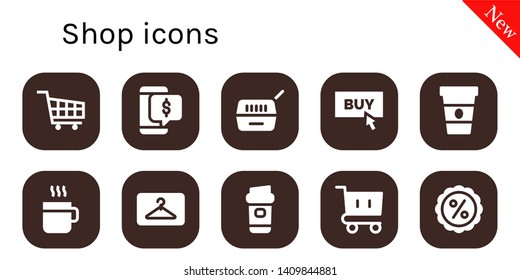 shop icon set. 10 filled shop icons.  Collection Of - Shopping cart, Discount, Pet, Buy, Coffee, Hanger