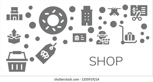 shop icon set. 11 filled shop icons.  Collection Of - Mall, Bagel, Package, Gift card, Shopping basket, Delivery, Building, Tag, Clothes, Delivery cart, Voucher
