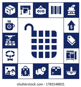 shop icon set. 17 filled shop icons.  Simple modern icons such as: Package, Coffee cup, 3d, Basket, Collar, Sales, Tag, Wardrobe, Print, Plotter, Shopping bag, Open, Delivery