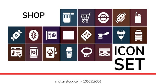 shop icon set. 19 filled shop icons.  Simple modern icons about  - Bag, Candy, Music store, Coffee bag, Cards, Coffee, Collar, Nougat, Sourdough, Card, Barcode, Coupon, Sausage