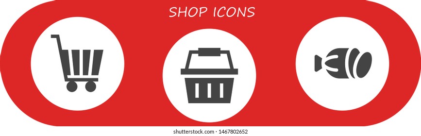 shop icon set. 3 filled shop icons.  Collection Of - Shopping cart, Shopping basket, Salami