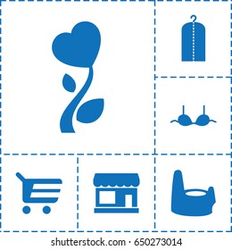 Shop icon. set of 6 shop filled icons such as store, baby potty, clothes on hanger, bra, heart flower