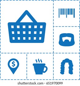 Shop icon. set of 6 shop filled icons such as coffee, hairstyle, man hairstyle, shopping bag, barcode