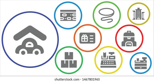 shop icon set. 9 filled shop icons.  Simple modern icons about  - Garage, Nougat, Tie, Package, Cash register, Gift card, Bag, Building