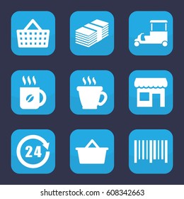 Shop icon. set of 9 filled shop icons such as coffee, fast food cart, bar code, 24 hours, store, shopping bag