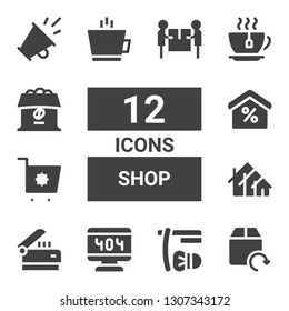 shop icon set. Collection of 12 filled shop icons included Delivery, Shave, , Scanner, Icon, Shopping cart, Discount, Coffee, Tea, Promotion