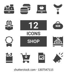 shop icon set. Collection of 12 filled shop icons included Promotion, Print, Shopping cart, Groceries, Printing, Collar, Purse, Macaron, Sausage, Package, Cashier, Shopping online