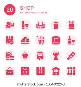shop icon set. Collection of 20 filled shop icons included Delivery, Wine, Print, Coffee, Groceries, Package, Scanner, Shopping cart, Bag, Clothes, Ice cream cart, Kettledrum