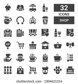 shop icon set. Collection of 32 filled shop icons included Mall, Veterinary, Coffee, Shopping cart, Bag, Cottons, Trolley, Shopping bag, Tea, Cashier, Tie, Shopping basket, Shop