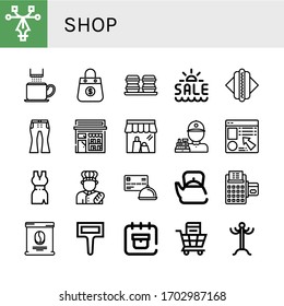 shop icon set. Collection of Vectors, Coffee cup, Bag, Macaroons, Summer sale, Hot dog, Jeans, Book shop, Shop, Cashier, Online Dress, Baker, Credit card, Teapot, Coffee bag icons