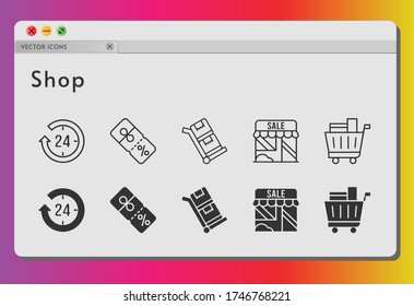 shop icon set. included 24-hours, shop, shopping cart, discount, trolley icons on white background. linear, filled styles.