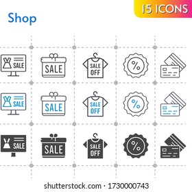 shop icon set. included gift, online shop, shirt, discount, credit card icons on white background. linear, bicolor, filled styles.