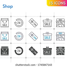shop icon set. included gift, shopping bag, 24-hours, shop, discount icons on white background. linear, bicolor, filled styles.