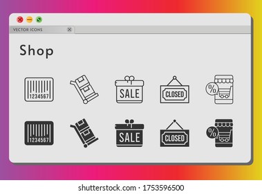 shop icon set. included gift, online shop, closed, barcode, trolley icons on white background. linear, filled styles.