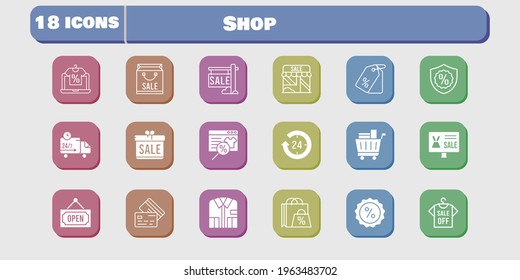 shop icon set. included gift, shop, discount, delivery truck, online shop, shopping bag, sale, 24-hours, shirt, price tag icons on white background. linear, filled styles.