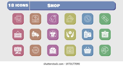 shop icon set. included gift, shop, discount, shopping-basket, delivery truck, shopping bag, online shop, sale, 24-hours icons on white background. linear, filled styles.