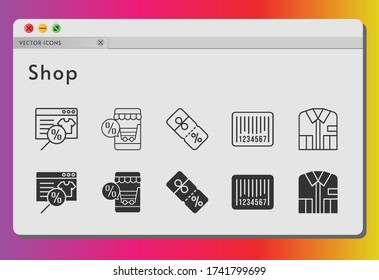 shop icon set. included online shop, shirt, discount, barcode icons on white background. linear, filled styles.