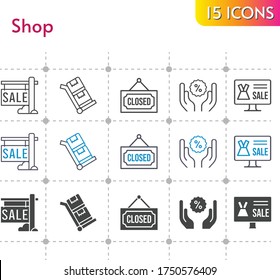 shop icon set. included online shop, sale, closed, discount, trolley icons on white background. linear, bicolor, filled styles.