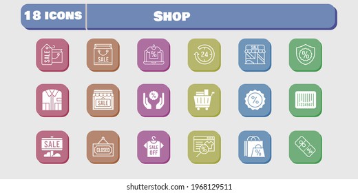 shop icon set. included online shop, shopping bag, sale, 24-hours, shirt, shop, shopping cart, discount, closed, warranty icons on white background. linear, filled styles.