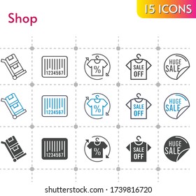 shop icon set. included sale, shirt, barcode, trolley icons on white background. linear, bicolor, filled styles.