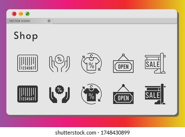 shop icon set. included sale, shirt, discount, barcode, open icons on white background. linear, filled styles.