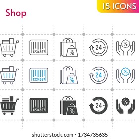 shop icon set. included shopping bag, 24-hours, shopping cart, discount, barcode icons on white background. linear, bicolor, filled styles.
