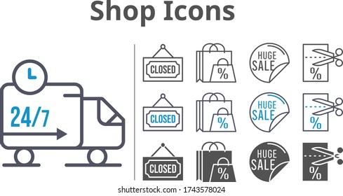 shop icon set included shopping bag, sale, voucher, closed, delivery truck icons
