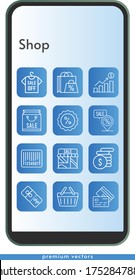 shop icon set. included shopping bag, profits, shirt, shop, money, discount, credit card, placeholder, barcode, shopping basket icons on phone design background . linear styles.