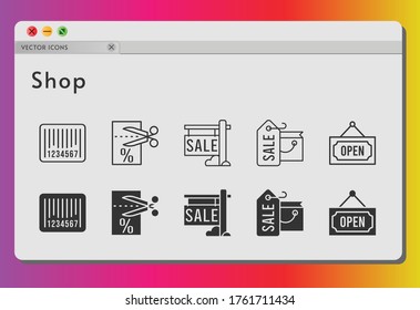 shop icon set. included shopping bag, sale, voucher, barcode, open icons on white background. linear, filled styles.