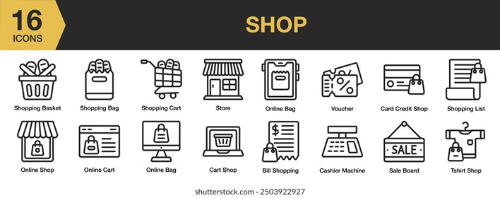 Shop icon set. Includes bill, online bag, sale board, cashier machine, store, voucher, and More. Outline icons vector collection.