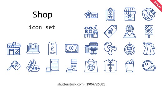 shop icon set. line icon style. shop related icons such as dress, shop, voucher, bag, bill, steaks, store, food, tags, sale, shirt, open book, beans, coffee, paper bag, tag, supermarkets, cash, pet