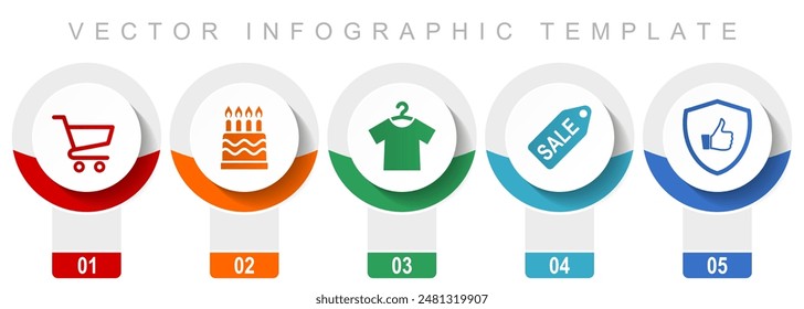 Shop icon set, miscellaneous vector icons such as shopping cart, birthday cake, clothes and sale, modern design infographic template, web buttons in 5 color options