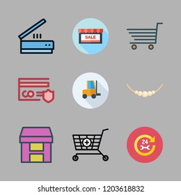 shop icon set. vector set about car repair, duty, shopping cart and necklace icons set.