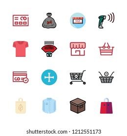 shop icon set. vector set about shopping cart, box, gift bag and barcode scanner icons set.