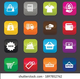 Shop icon set for web sites and user interface. Colored buttons on a dark background