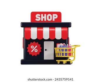 shop icon with shopping cart, shopping beg and discount tag icon 3d rendering vector illustration