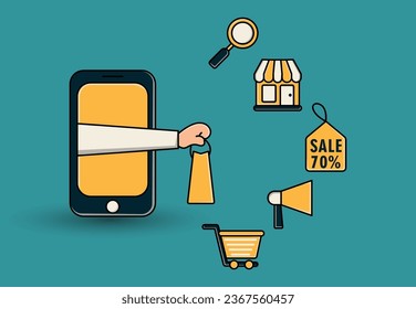 Ver plantilla de iconos con aplicación de ventas, ilustración de vectores
