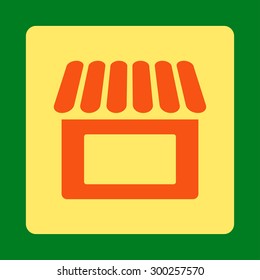 Shop icon. This flat rounded square button uses orange and yellow colors and isolated on a green background.