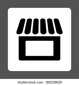 Shop icon. This flat rounded square button uses black and white colors and isolated on a gray background.